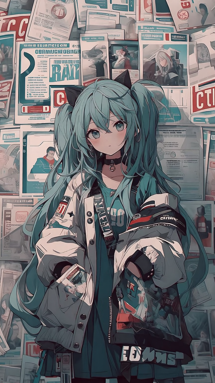 【手机壁纸】报纸墙背景的初音未来壁纸