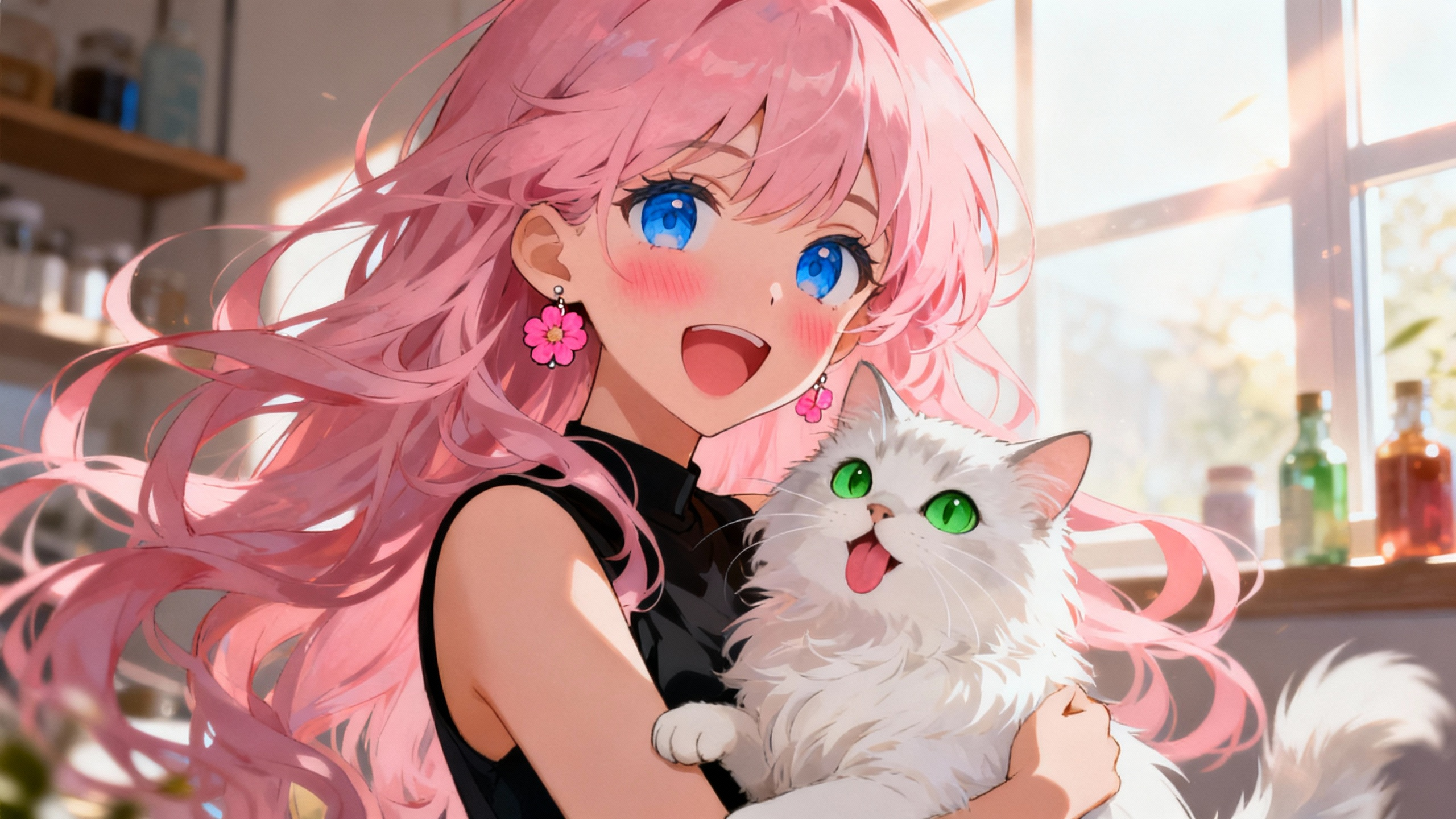 【电脑壁纸】阳光里的粉发少女与奶猫