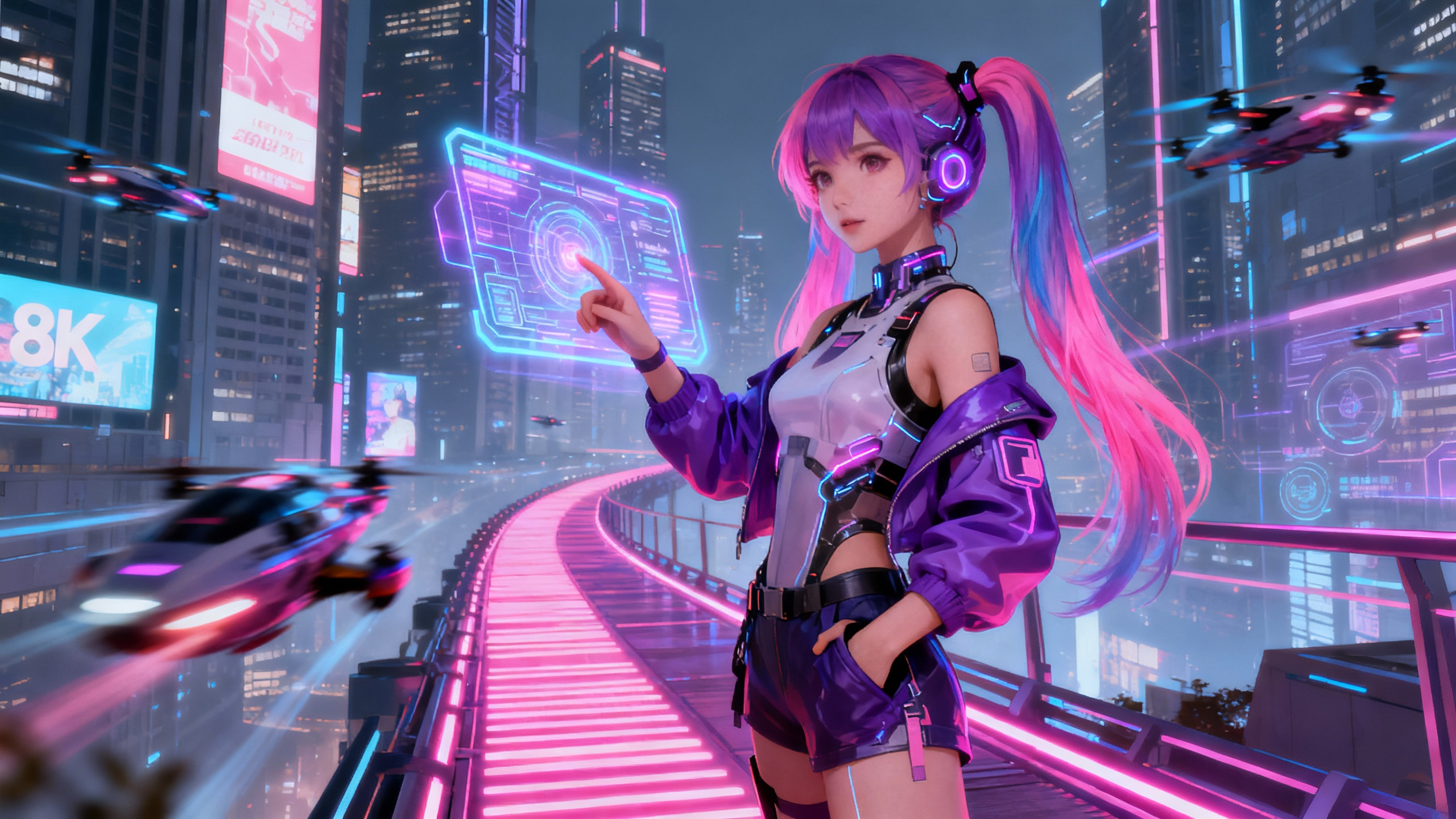 【电脑壁纸】紫粉渐变・赛博少女壁纸