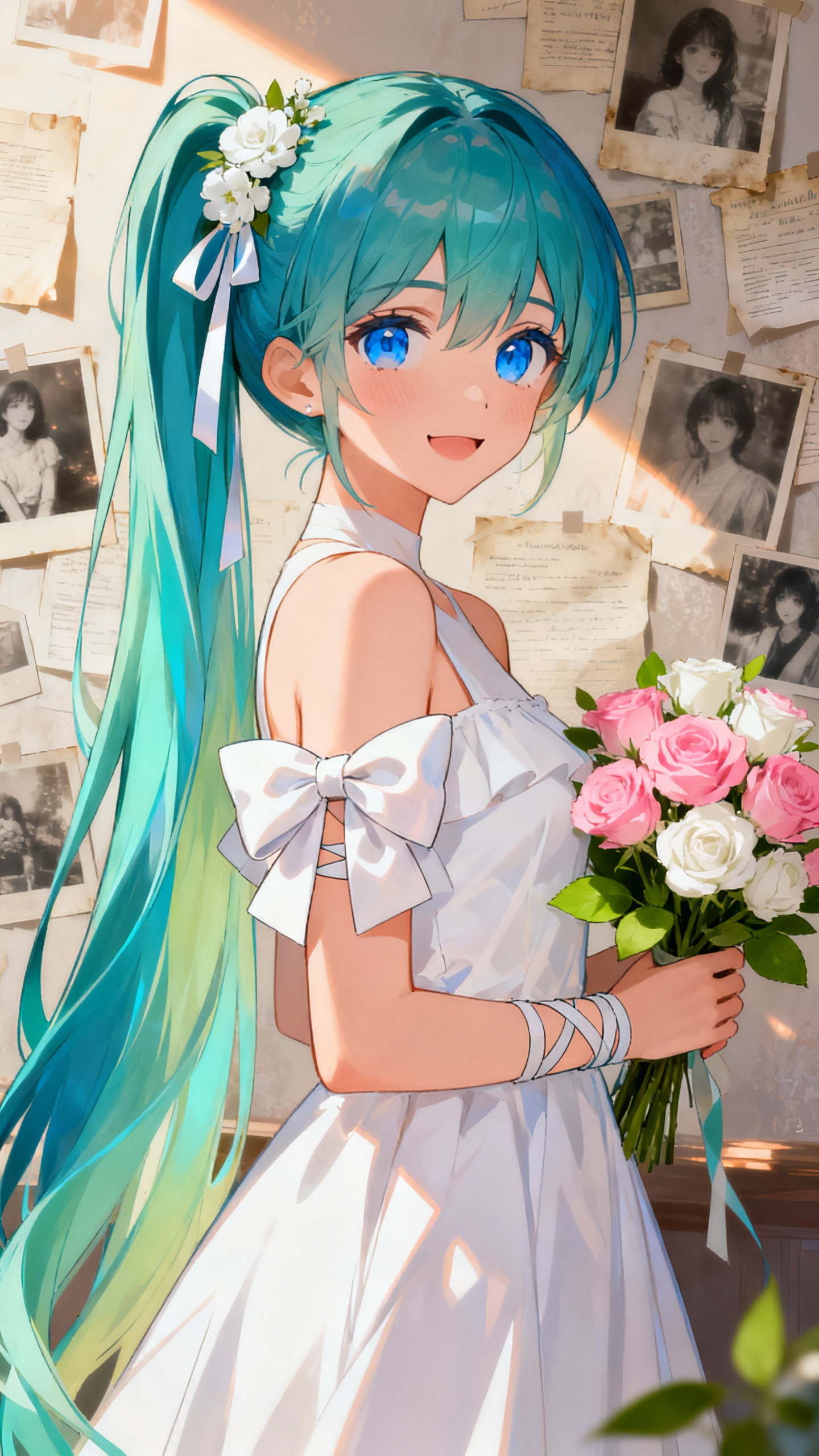 【手机壁纸】初音风青发少女抱花壁纸