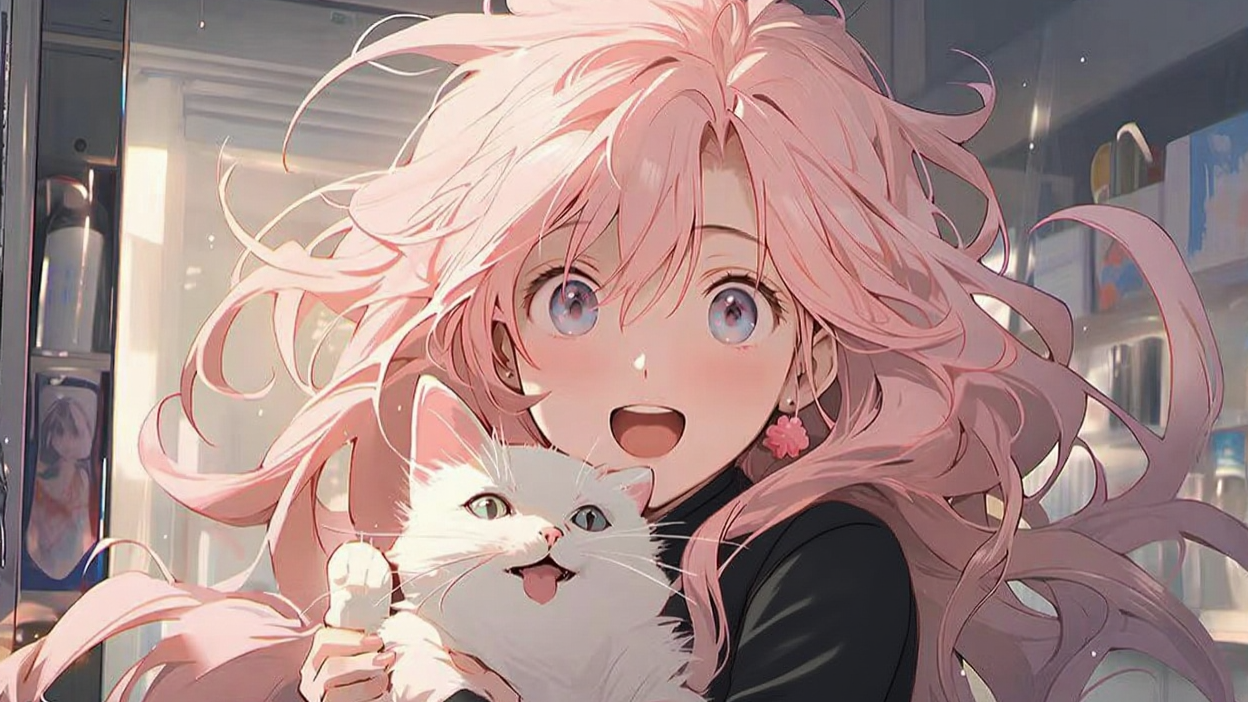 【电脑壁纸】粉发少女与她的治愈小猫