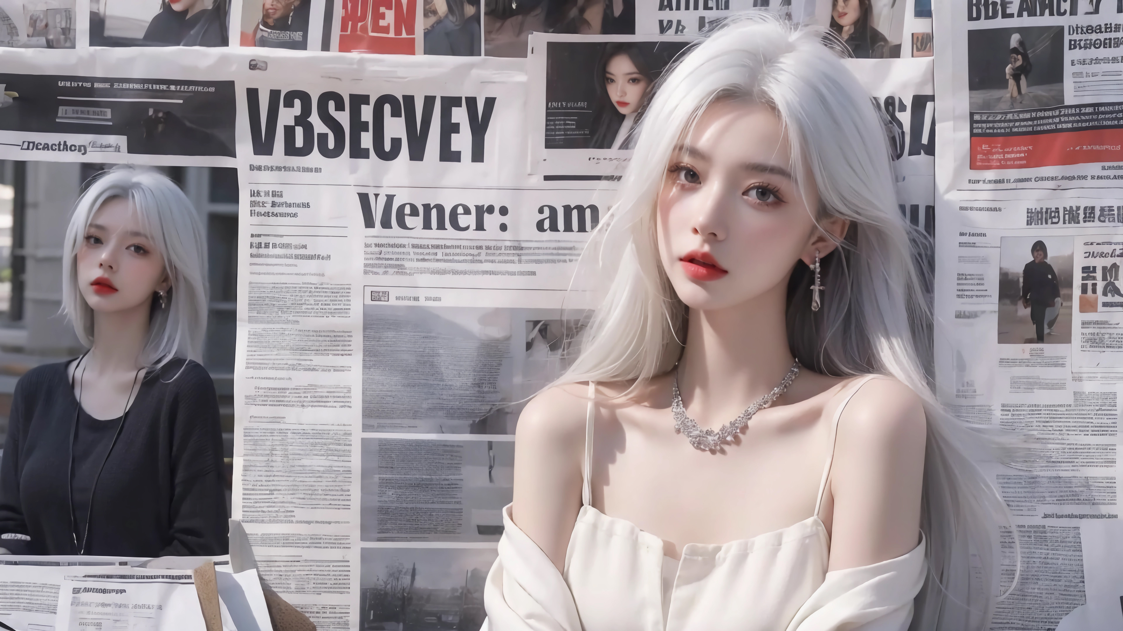 【双端壁纸】报纸墙白发美女4k电脑壁纸