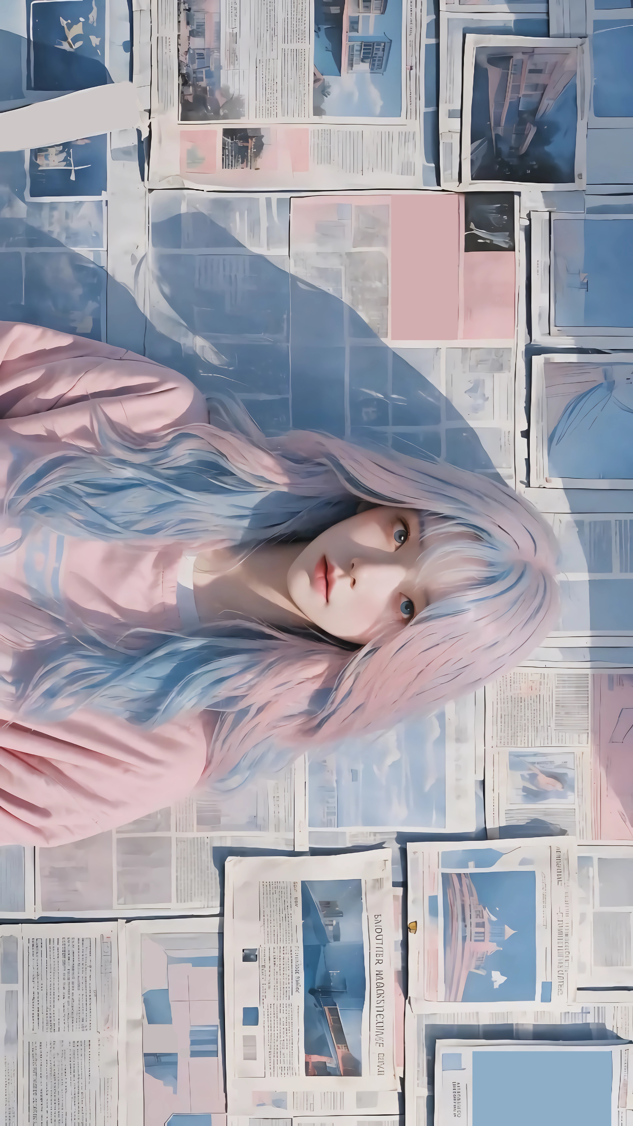 报纸 墙 粉红蓝色长头发少女4k动漫壁纸