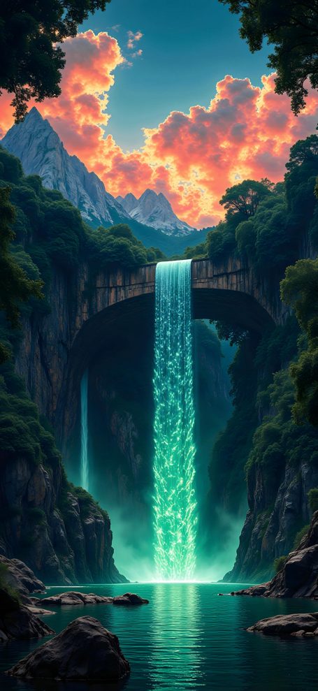 【手机壁纸】奇幻山水峡谷荧光瀑布石桥日落风景手机壁纸