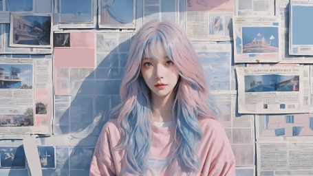 【电脑壁纸】报纸墙 粉红蓝色长头发少女4k动漫壁纸