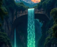 【手机壁纸】奇幻山水峡谷荧光瀑布石桥日落风景手机壁纸