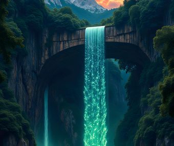 【手机壁纸】奇幻山水峡谷荧光瀑布石桥日落风景手机壁纸
