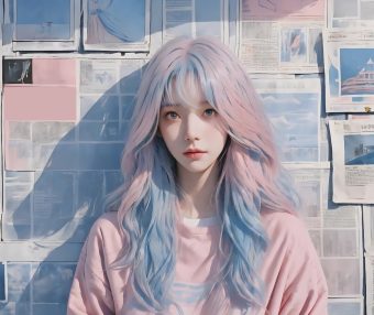 报纸 墙 粉红蓝色长头发少女4k动漫壁纸