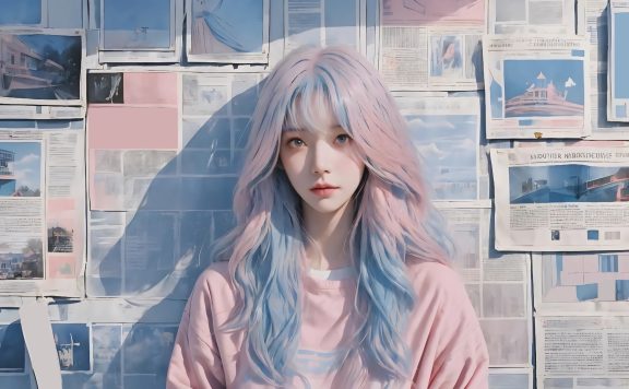 【电脑壁纸】报纸墙 粉红蓝色长头发少女4k动漫壁纸
