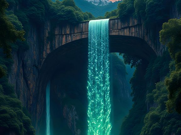 【手机壁纸】奇幻山水峡谷荧光瀑布石桥日落风景手机壁纸